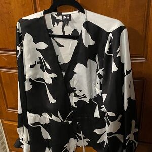 INC Black and White Floral Wrap Blouse